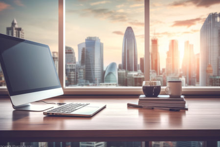 Corporate Workspace: Office Desk with Desktop Computer and Professional Business Office Backgroundの素材