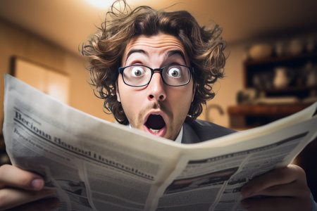 Startling Headlines Leave Young Man Astounded As He Reads Morning Newspaper at Homeの素材