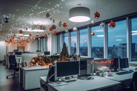 Festive Transformation: Empty Startup Office Shimmering with Christmas and New Year Celebrations - AR 3:2の素材