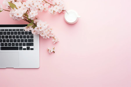 Stylish Flat Lay Home Office: Laptop, Flowers, and Office Supplies on Light Backgroundの素材