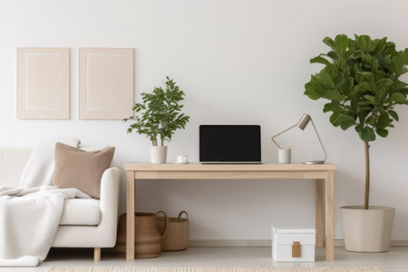 Immersive Open Space Living Room featuring a Minimalist Home Office Setup with a Stylish Mockup Computer and Plants for Vibrant Decor - AR 3:2の素材