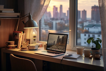 Productivity Oasis: Transform Your Apartment into a Productive Home Office with a Stylish Desk Atop a Windowの素材