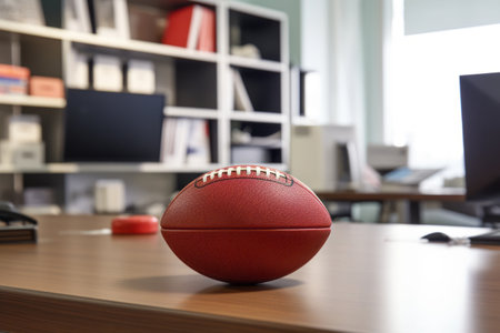 Sport's Touchdown: A Rugby Ball Takes Center Stage on the Office Table --ar 3:2の素材