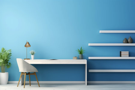 Modern Blue Wall Home Office Desk: White Table Mock-Up (1:2 Aspect Ratio)の素材