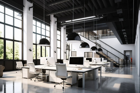 Innovative Work Environment: Exploring the White and Black Open Space Office Side in a 3:2 Ratioの素材