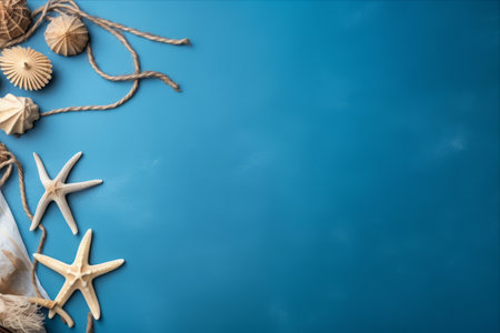 Tranquil Coastal Arrangement: Aesthetic Starfish, Rope, and Seashells amidst a Serene Blue Backdrop, Offering a Blank Canvas for Your Words -- Aspect Ratio 3:2の素材