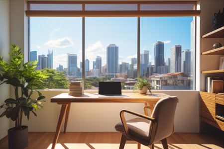 Effortlessly Chic Home Office: Embrace Sunlight and City Views with Light Wooden Furnitureの素材