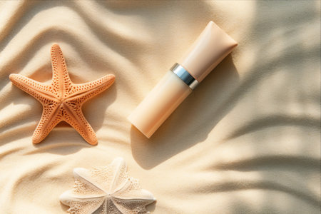Ultimate Sun Protection Essentials: Sunscreen, Lip Balm, Starfish, and Towels, Top View in a Beach Setting -- AR 3:2の素材