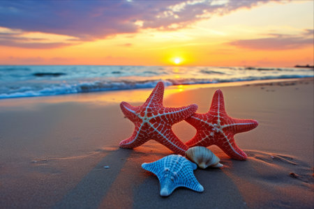 Mesmerizing Sunset Silhouette: Two Starfish at Double Six Beach, Seminyak, Baliの素材