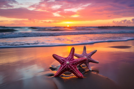 Captivating Sunset Reflection: Two Starfish Embrace Double Six Beach in Bali's Seminyakの素材