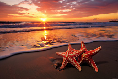 A Mesmerizing Sunset Encounter: Two Starfish Unveiled at Bali's Scenic Double Six Beachの素材