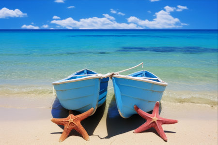 A Captivating Moment: Two Starfish on the Beach, Against a Scenic Blue Sea Horizon, with a Boat in Sight - AR 3:2の素材