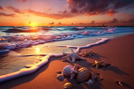 Serenity Unveiled: Sunset Waves Caress Sandy Beach, Adorned with Sea Star and Shellsの素材