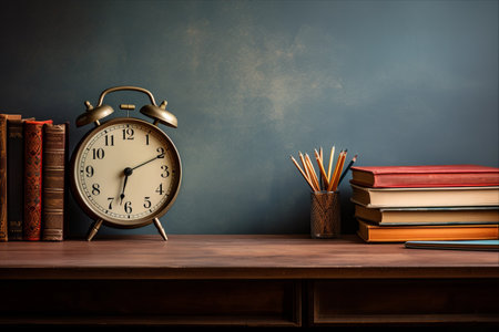 Nostalgic Workspace: Vintage Books, Pencils, and a Clock Bring Back the Charm --AR 3:2の素材