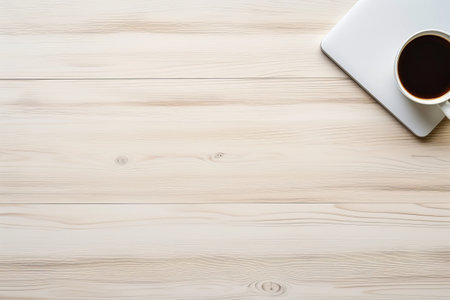 Productivity Essentials: Aesthetic White Wood Office Desk with Laptop, Coffee, and Supplies - Top View, Flat Layの素材