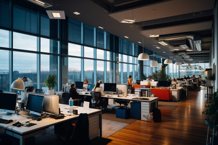 Embracing Productivity and Serenity: The Ideal Work Environment of Open Office Spaces with Desks, Computers, and Expansive Windowsの素材