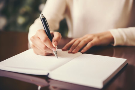 The Creative Mind: Captivating Closeup of a Woman Penning Her Thoughts in a Blank Notebook on a Tableの素材
