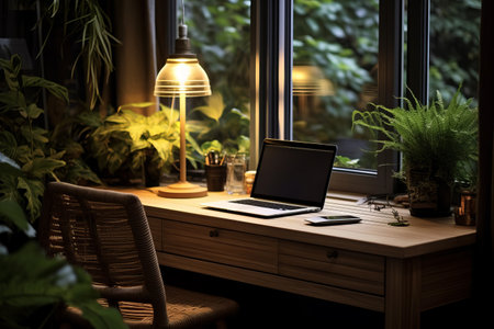 Enhancing Productivity: A Stylish Wooden Desk Set with Chair, Laptop, Plants, and Lamp (AR 3:2)の素材