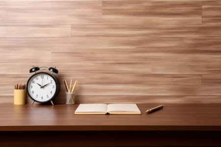 Productivity Perfection: A Creative Workspace Adorned with Pencils, Alarm Clock, and a Book on a Beautiful Wood Tableの素材