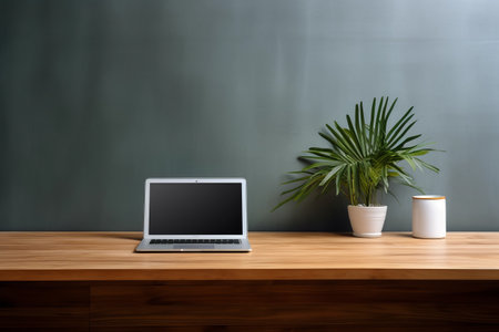 Efficient and Stylish Modern Office Desk Setup with Laptop, Office Accessories and Ample Space on Wooden Tabletop -- Aspect Ratio 3:2の素材
