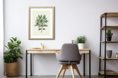 Perfectly Coordinated Home Office Oasis: Grey Chair, White Wall, and Stylish Poster, Complete with Lively Plants on Wooden Shelvesの素材