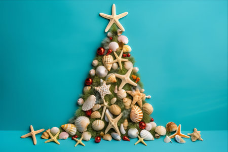 Seaside Splendor: A Shimmering Christmas Tree Bedecked with Shells and Starfish Resplendent on a Breathtaking Blue Canvas -ar 3:2の素材