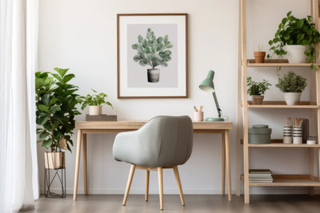 Blending Comfort and Productivity: An Inspiring Home Office Oasis with a Grey Chair, Plant-Filled Shelves, and a Striking Poster on a White Wallの素材
