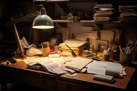 A Tangled Tale: Exploring the Chaos of a Busy Work Environment or Home Office Setupの素材