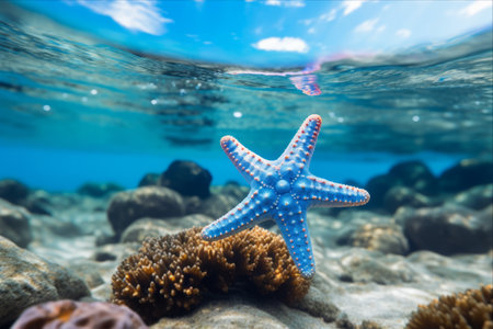 The Amazing Sight of a Majestic Blue Starfish on Coral Reef in Pristine Watersの素材