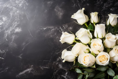 Romantic Valentine's Day Greeting Card: White Rose Flowers Bouquet with Champagne Glasses on Black Stone Backgroundの素材