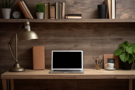 Efficiently Equipped: A Back View of a Productive Home Office Workspace with Laptop and Supplies on a Wooden Deskの素材
