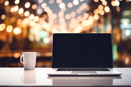 Elevate Your Productivity with a Sleek Desk Laptop Featuring a Blank Screen Amidst a Stunning Bokeh-Infused Backgroundの素材