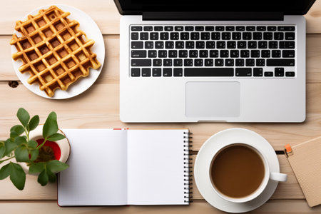 Efficient Freelancing: Stylish Laptop Workspace with Coffee, Waffles, and Papersの素材
