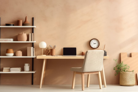 Creating a Productive Home Office: Inspiring Desk Setup with Office Supplies against a Beige Wall!の素材