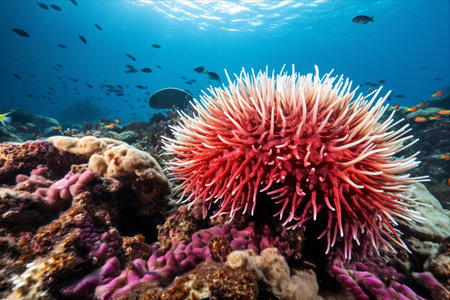 Crisis at the Coral Reef: Witness a Coral Eating Crown of Thorns Starfish Devouring a Damaged Tropical Oasisの素材