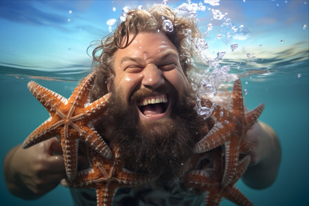 Bearded Man Finds Joy as Starfish Keep Him Company in the Caribbean Seaの素材