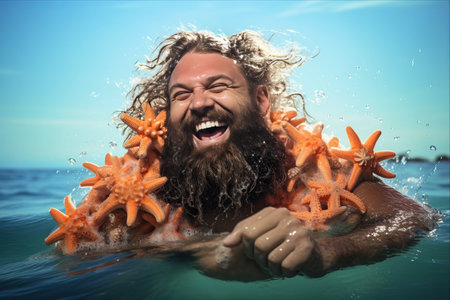 Stunning Caribbean Bliss: A Bearded Man's Playful Dive with Starfishの素材