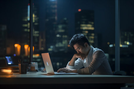 Overworked Asian Businessman: Navigating Exhaustion and Stress in Late-Night Office Workの素材