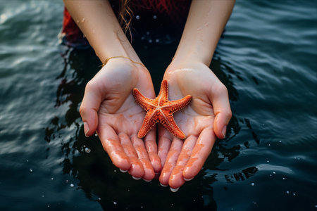 Releasing a Vibrant Seastar: A Woman's Gentle Act of Preservationの素材