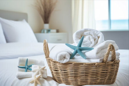 Serene Bed Decor: A Basket, Rolled White Bath Towels, and a Sea Star in Focus -- AR 3:2の素材