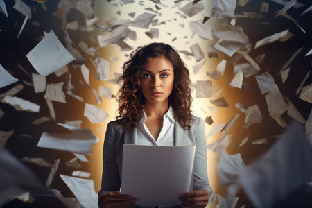 Efficient Organization: Empowered Businesswoman handling Paper Documents in Panoramic Bannerの素材