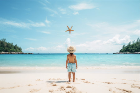Wonder-filled Moments by the Seashore: A Kid with Starfish on a Pristine White Beachの素材