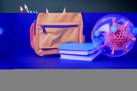 Back to School Safely Amidst COVID-19: A Colorful Journey with School Bus, Notebooks, Colored Pencils, and Face Masks!の素材