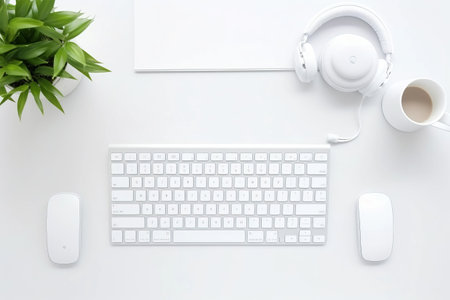 Sleek and Stylish: A Top-View Peek into a Fashionable White Office Desk with Keyboard, White Earphones, and Essential Office Suppliesの素材