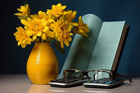 Business Essentials in a Geometrical Metal Vase: Flowers, Calculator, Glasses, and Notebookの素材