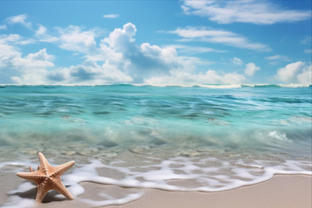 Ethereal Reflection: A Striking Beachscape with Pristine Waters and Glimmering Starfish Amid a Stormy Skyの素材