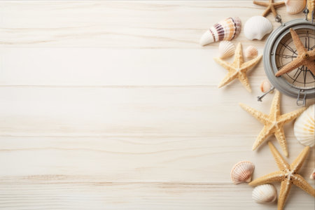 Serenity by the Seashore: A Captivating Beach Holiday Concept with Seashells, Starfish, Barometer, Rope, and White Sand on a Light Wooden Background (AR 3:2)の素材