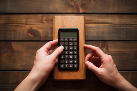 The Convergence of Technology and Healthcare: A Medical Account Digitized on a Pocket Calculator with a Rustic Wooden Backgroundの素材