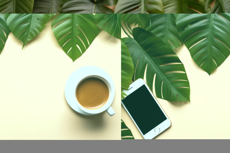Organized Workspace: Flay Lay of Office Table Desk, Equipped with Smartphone, Keyboard, Coffee, Pencil, and Nature-inspired Backgroundの素材