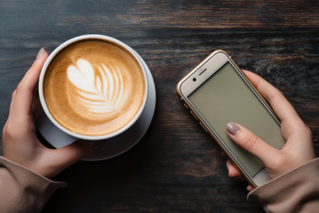 The Mobile Generation: Young Woman Engages with Smartphone Over Coffeeの素材